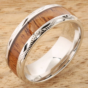 Sterling Silver Natural Koa Wood Hand-Made Scroll Oval Wedding Ring 8mm