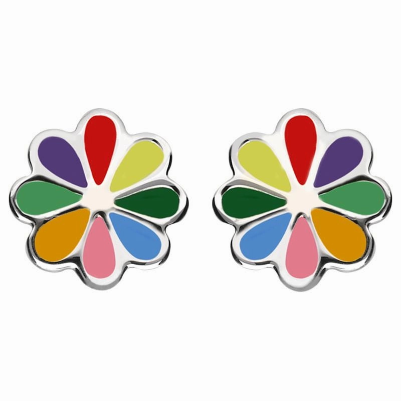 Sterling Silver NSPCC Enamel Multicoloured Eight Petal Flower Stud Earrings D