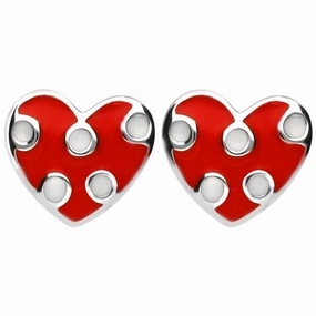 Sterling Silver NSPCC Enamel Red and White Spotty Heart Stud Earrings D