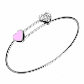 Sterling Silver NSPCC Pink Enamel Cubic Zirconia Double Heart Slide Bangle D