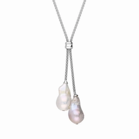Sterling Silver Peach and White Baroque Pearl Two Stone Drop Necklace D