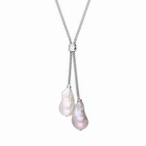 Sterling Silver Peach and White Baroque Pearl Two Stone Drop Necklace D