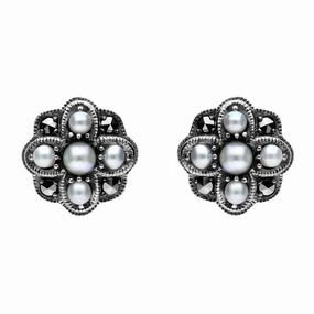 Sterling Silver Pearl and Marcasite Four Petal Flower Stud Earrings