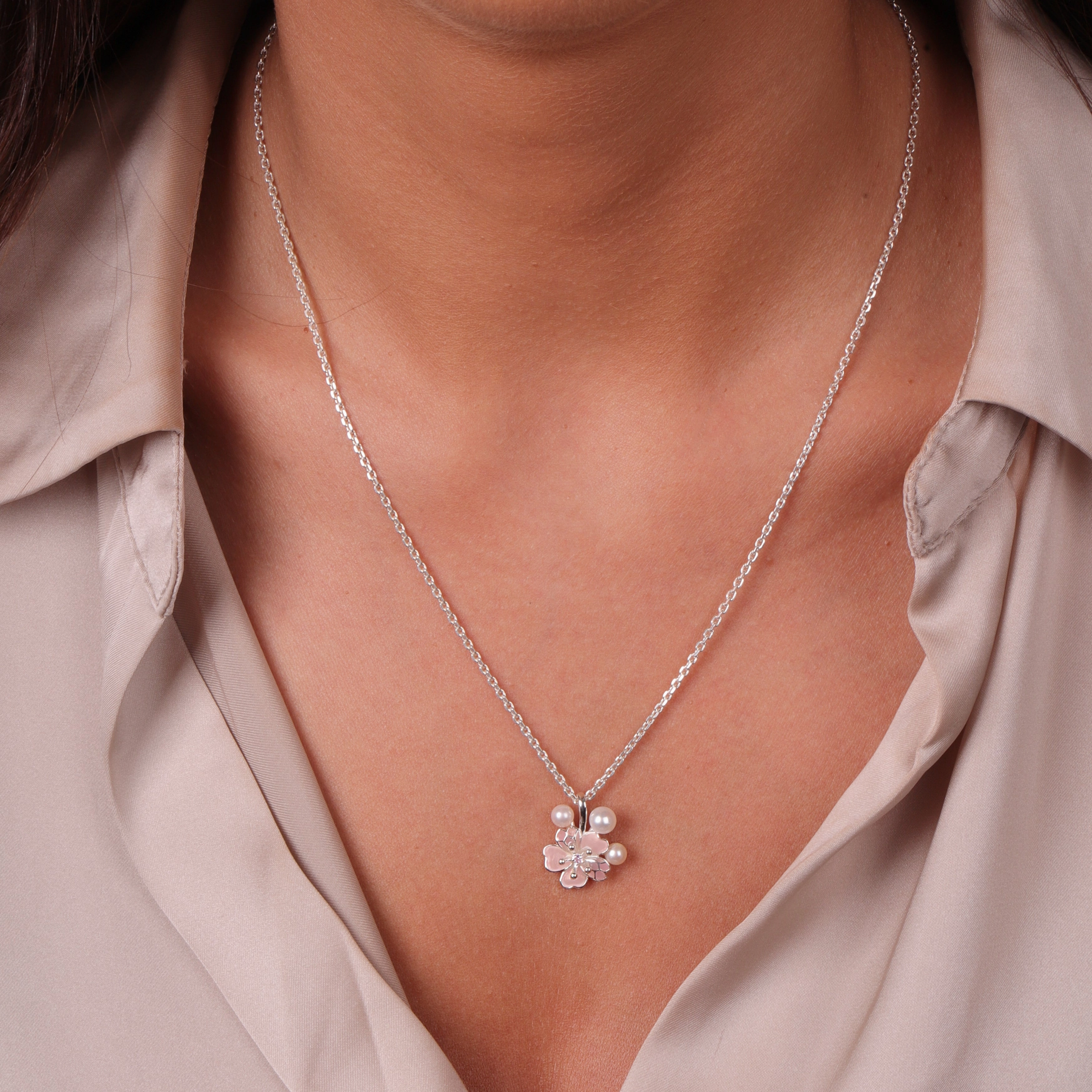 Sterling Silver Pearl and Pink Sapphire Cherry Blossom Flower Pendant