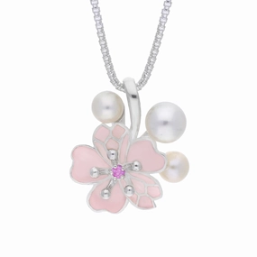 Sterling Silver Pearl and Pink Sapphire Cherry Blossom Flower Pendant