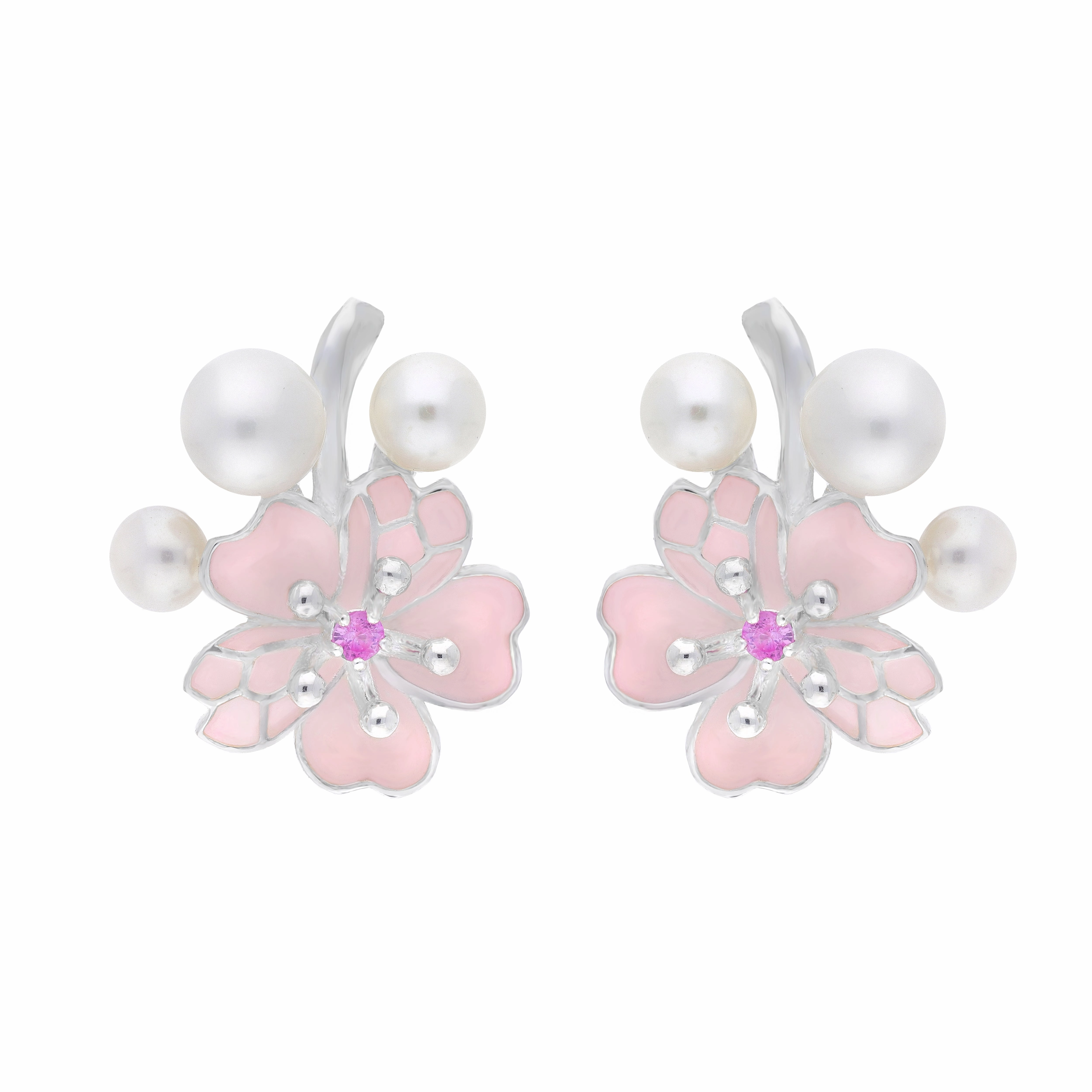 Sterling Silver Pearl and Pink Sapphire Cherry Blossom Stud Earrings