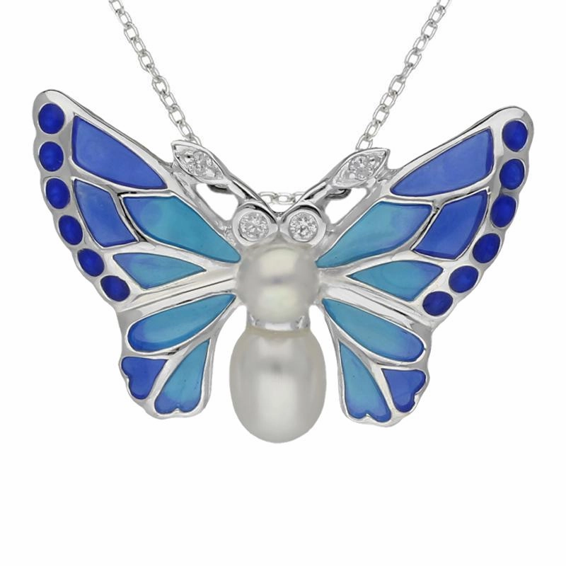 Sterling Silver Pearl Diamond Enamel Style & Fashion Blue Butterfly Necklace D