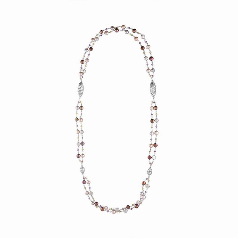 Sterling Silver Pearl Double Chain Beaded Necklace D
