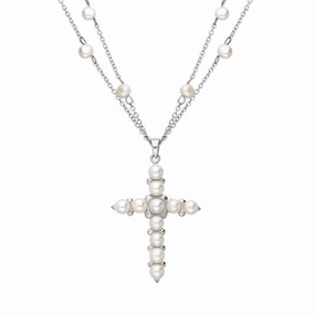 Sterling Silver Pearl Double Chain Cross Necklace D