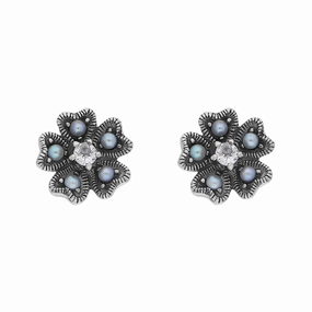 Sterling Silver Pearl Marcasite Flower Stud Earrings