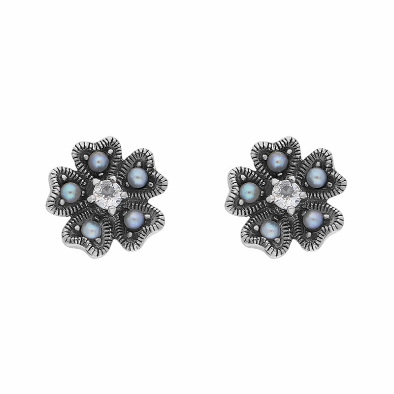 Sterling Silver Pearl Marcasite Flower Stud Earrings