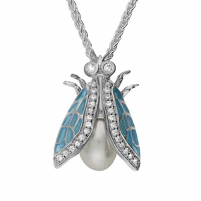 Sterling Silver Pearl White Sapphire Enamel Style & Fashion Fly Necklace