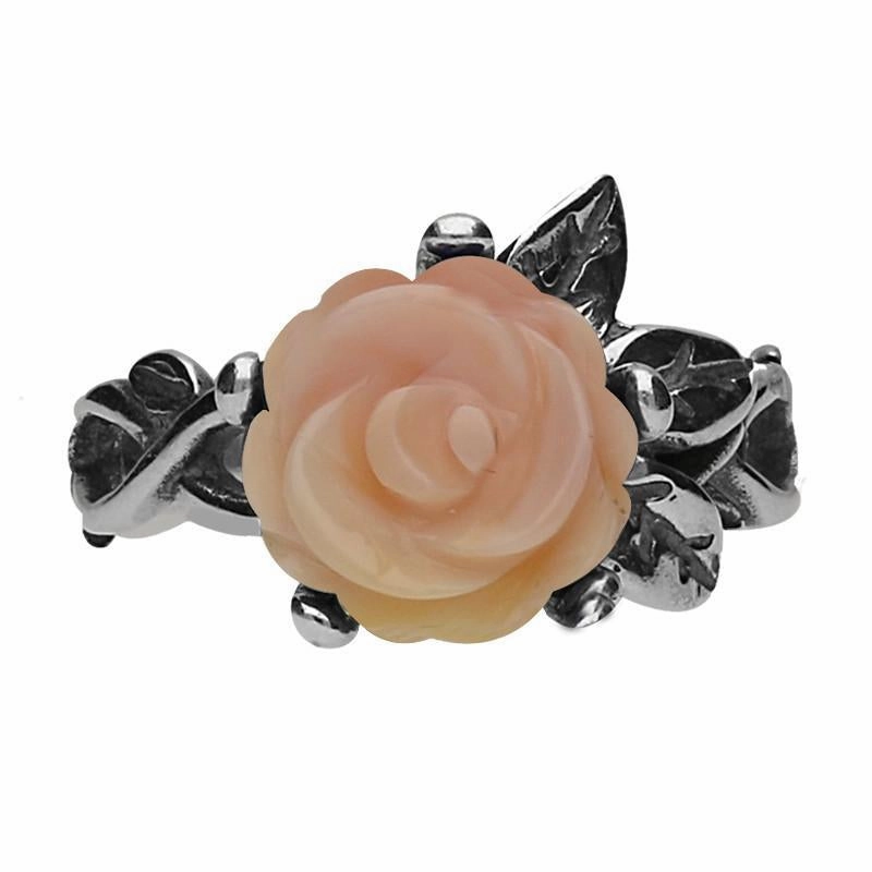 Sterling Silver Pink Conch Tuberose 10mm Rose Leaf Twist Ring
