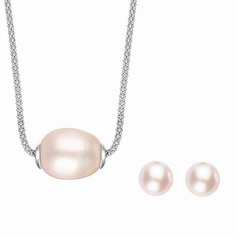 Sterling Silver Pink Freshwater Baroque Pearl Two Piece Set