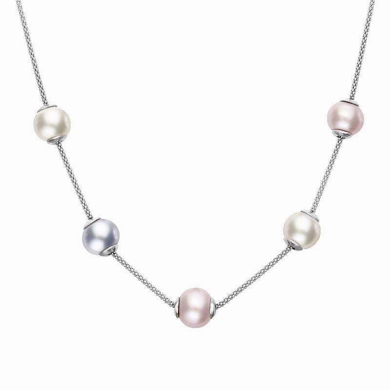 Sterling Silver Pink Grey White Pearl Five Stone Bead Necklace