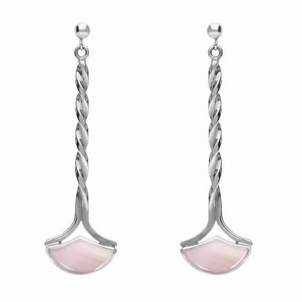 Sterling Silver Pink Mother of Pearl Drop Twist Fan Stud Earrings