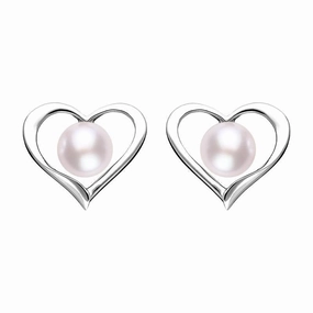 Sterling Silver Pink Pearl Open Heart Stud Earrings