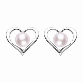 Sterling Silver Pink Pearl Open Heart Stud Earrings