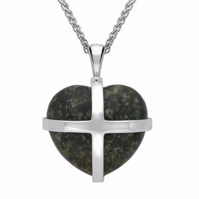 Sterling Silver Preseli Bluestone Medium Cross Heart Necklace