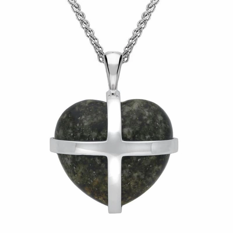 Sterling Silver Preseli Bluestone Medium Cross Heart Necklace