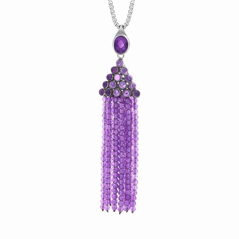 Sterling Silver  Rhodium Amethyst Large Cascade Tassel Necklace D