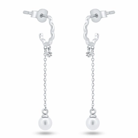 Sterling Silver Rhodium Plated Dangling Pearl Semi Hoop CZ Earrings - GME00149