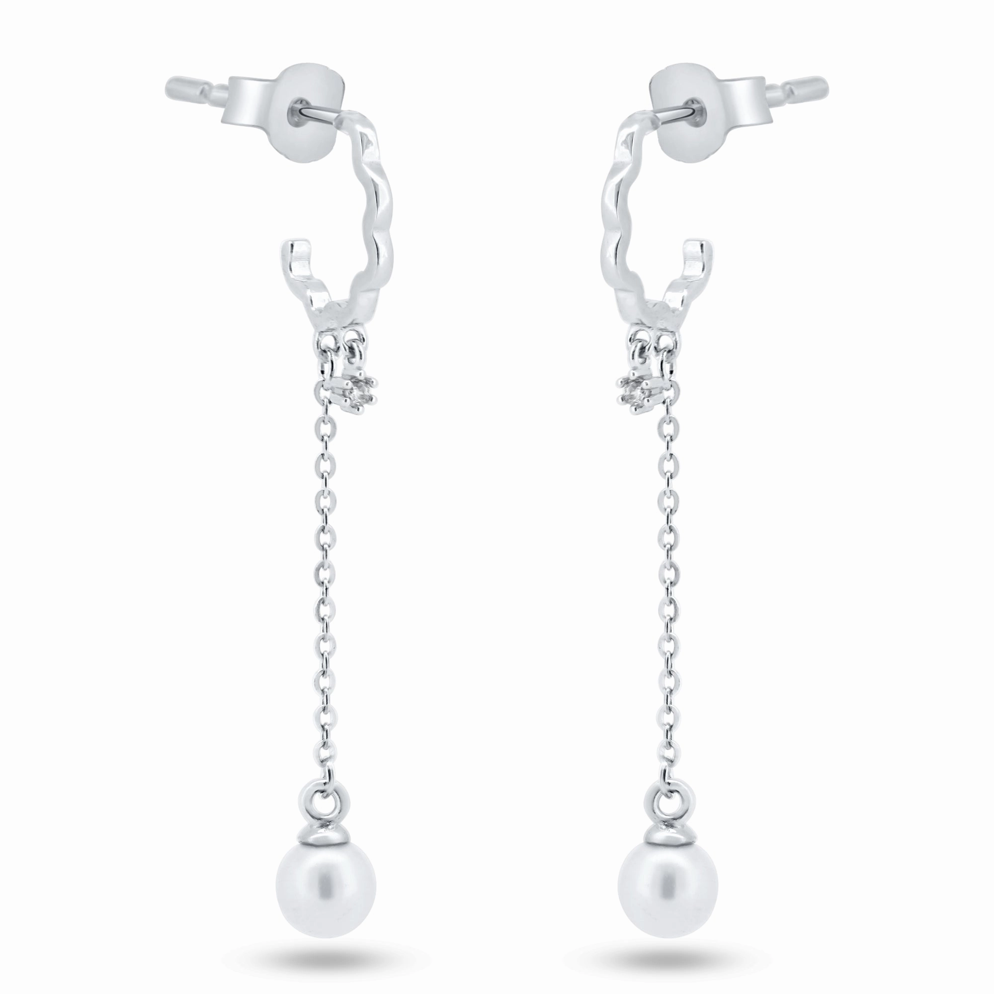 Sterling Silver Rhodium Plated Dangling Pearl Semi Hoop CZ Earrings - GME00149