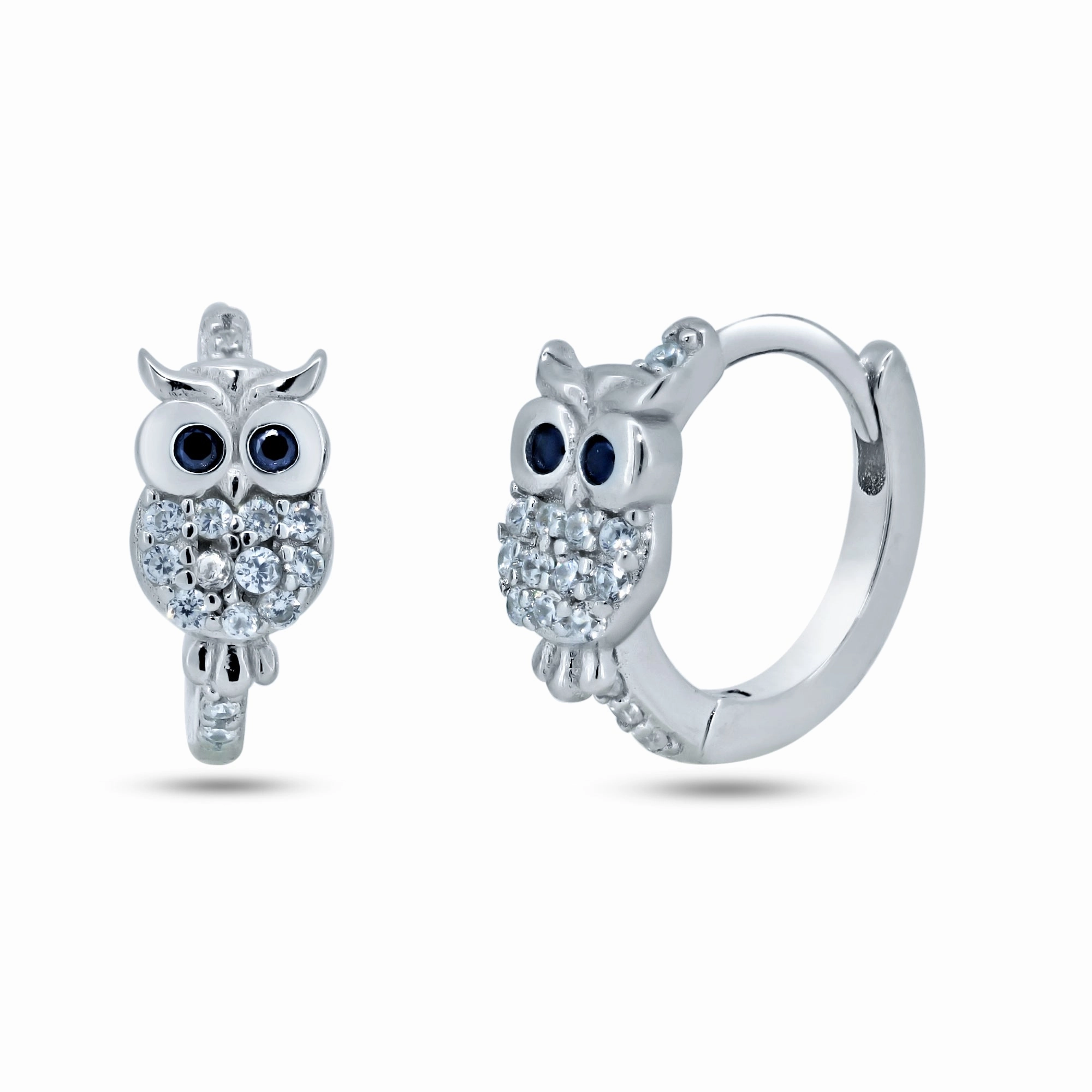 Sterling Silver Rhodium Plated Pave Huggie Owl Hoop Earrings - STE01366