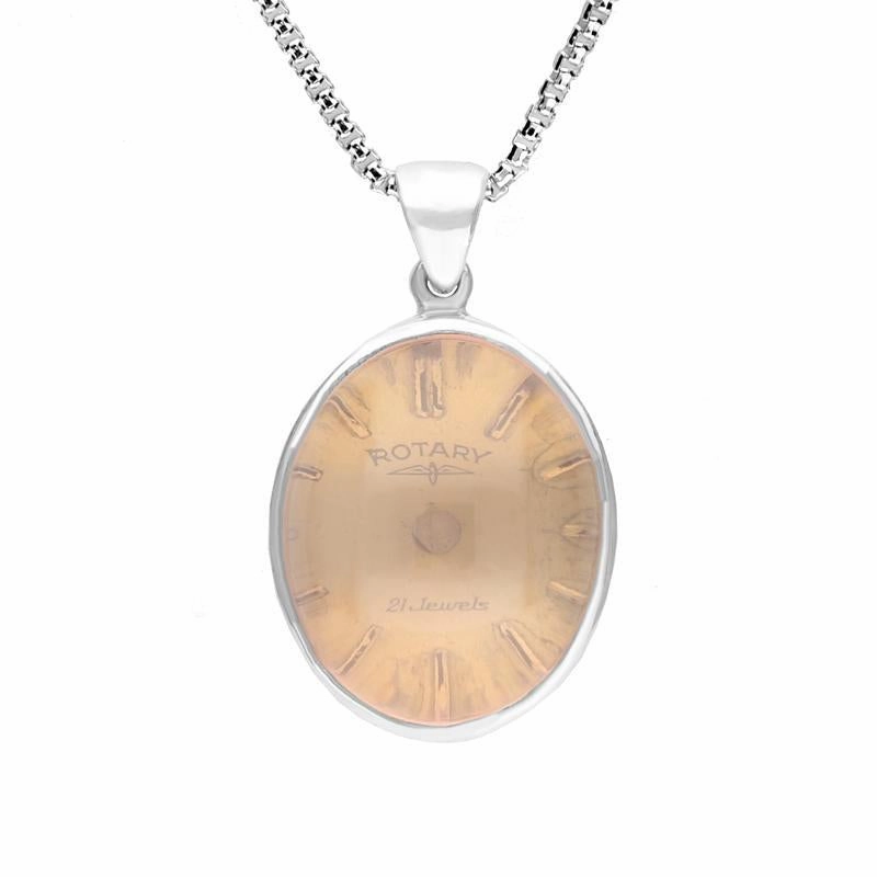 Sterling Silver Rose Quartz Alice In Wonderland Domed Small Oval Clock Face Necklace