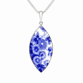 Sterling Silver Royal Crown Derby Blue Floral Marquise Necklace D
