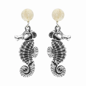 Sterling Silver Small Stone Coquina Seahorse Drop Earrings