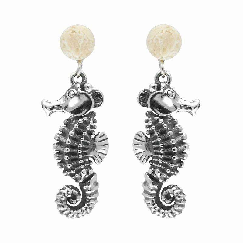 Sterling Silver Small Stone Coquina Seahorse Drop Earrings