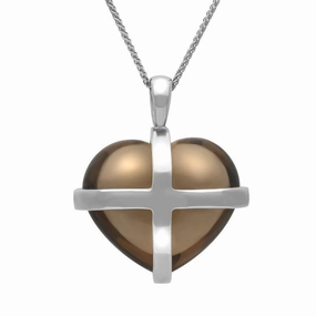 Sterling Silver Smokey Quartz Cross Heart Necklace