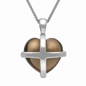 Sterling Silver Smokey Quartz Medium Cross Heart Necklace