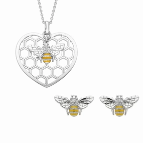 Sterling Silver Swarovski Crystal Enamel Bee In Beehive Two Piece Set