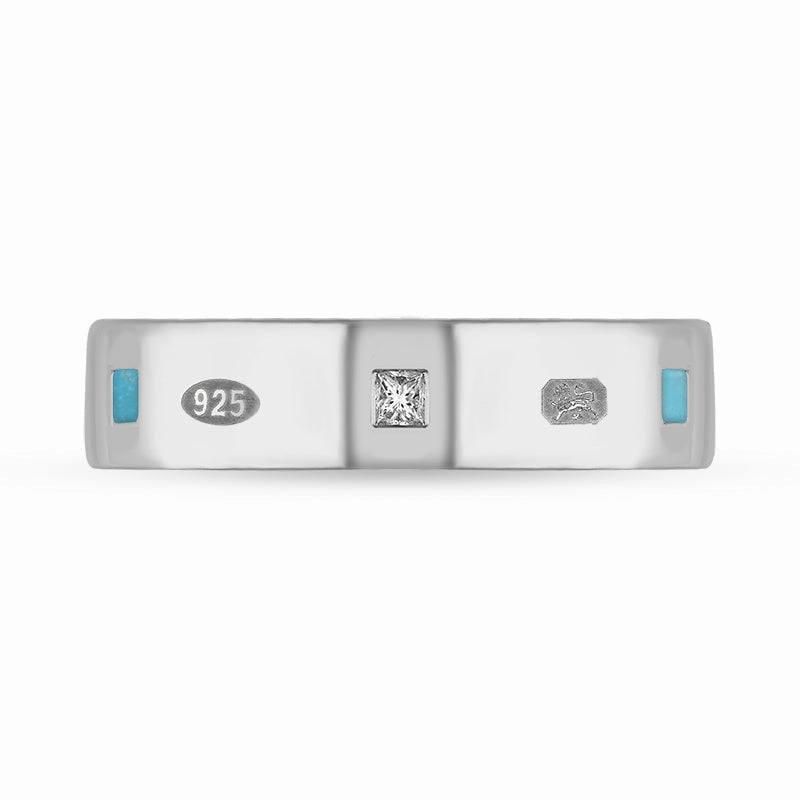 Sterling Silver Turquoise 0.12ct Diamond Queen's Jubilee Hallmark Princess Cut 5mm Ring D