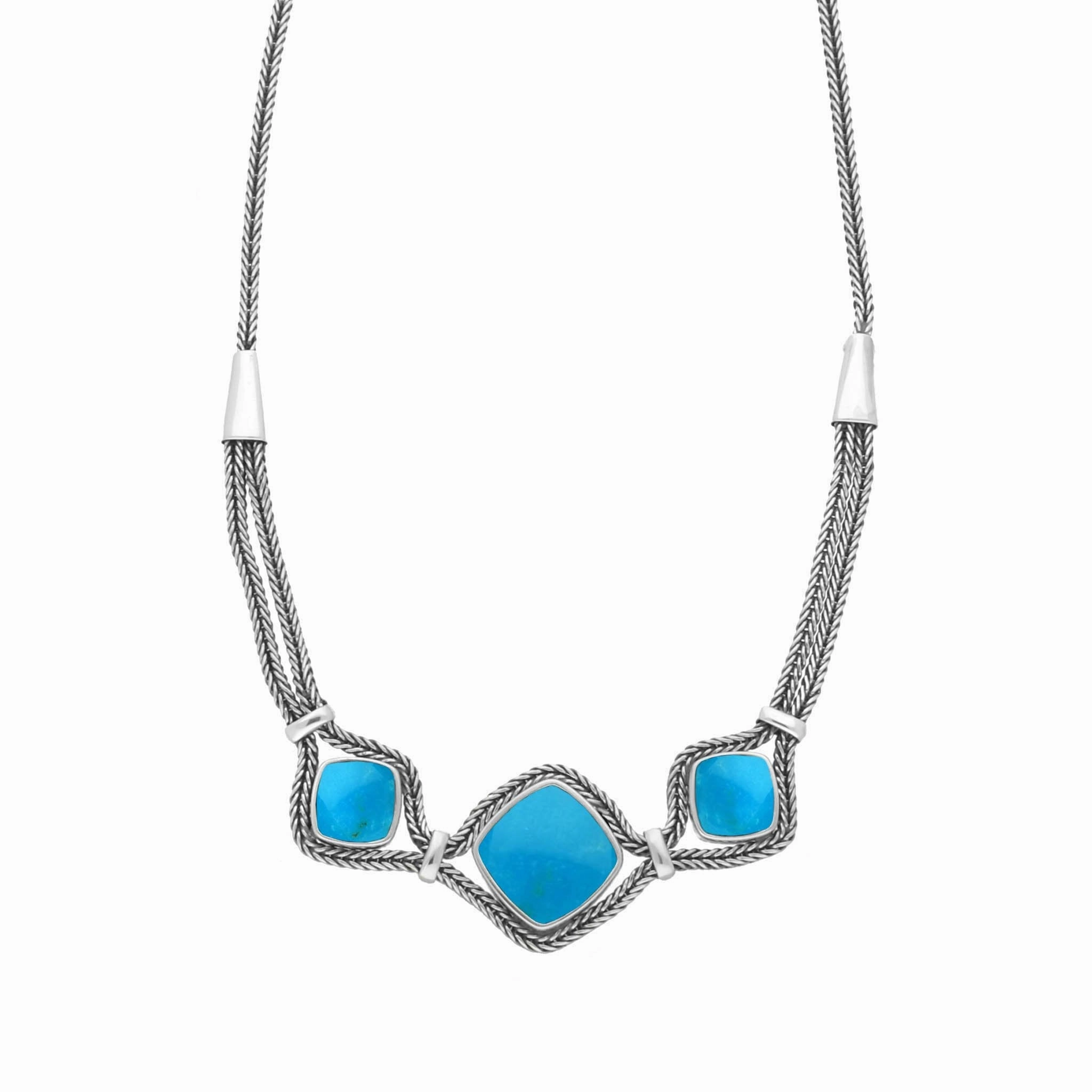 Sterling Silver Turquoise Foxtail Three Stone Cushion Necklace D