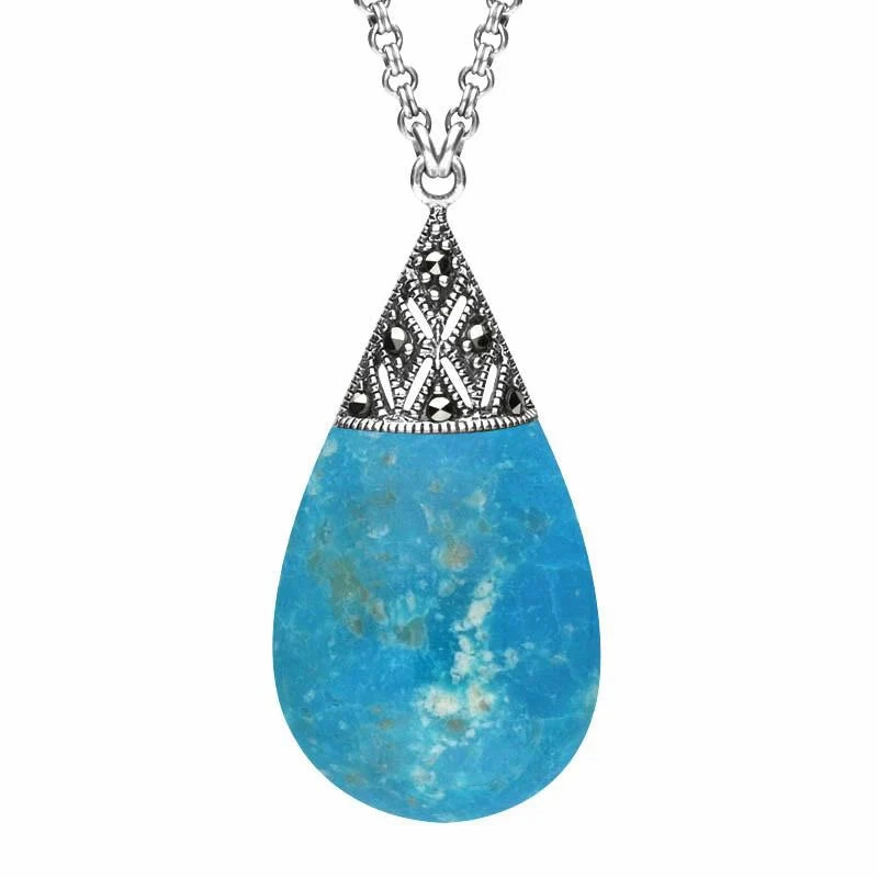 Sterling Silver Turquoise Marcasite Capped Pear Drop Necklace