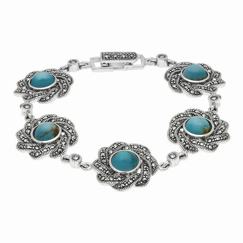 Sterling Silver Turquoise Marcasite Flower Link Bracelet