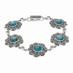 Sterling Silver Turquoise Marcasite Flower Link Bracelet