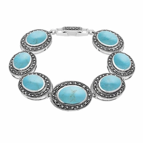 Sterling Silver Turquoise Marcasite Framed Oval Bracelet