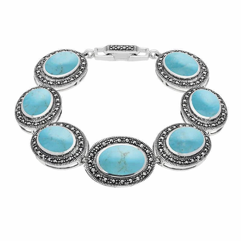 Sterling Silver Turquoise Marcasite Framed Oval Bracelet