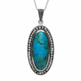 Sterling Silver Turquoise Marcasite Long Oval Bead Edge Necklace