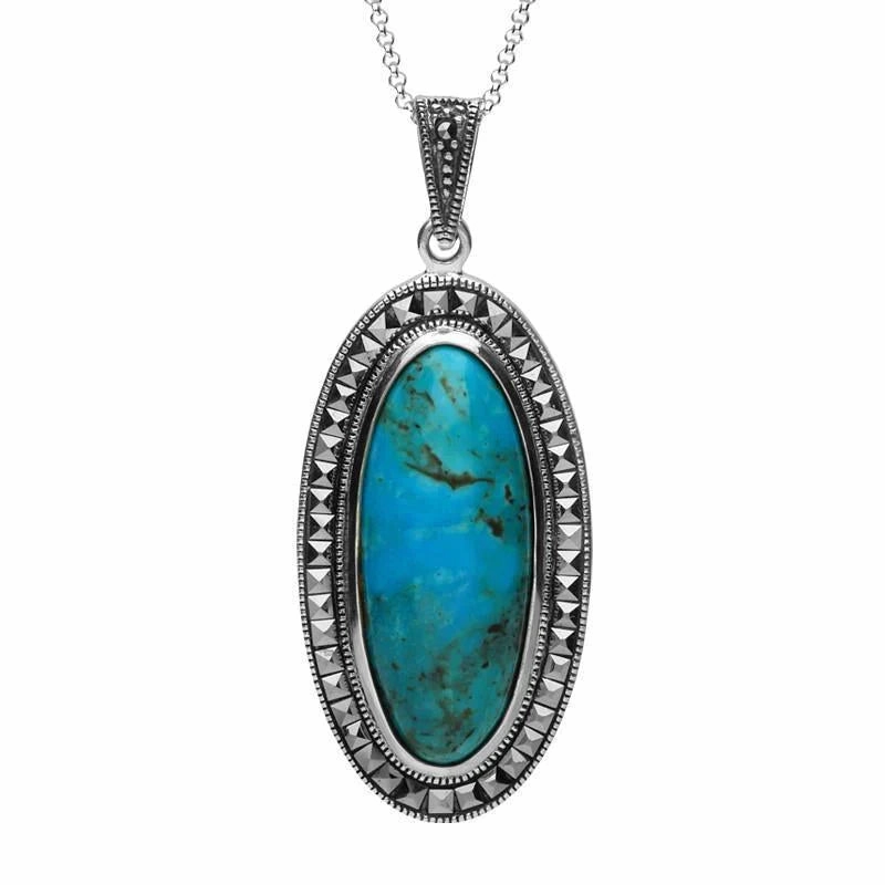 Sterling Silver Turquoise Marcasite Long Oval Bead Edge Necklace