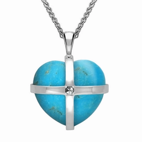 Sterling Silver Turquoise Marcasite Medium Cross Heart Necklace