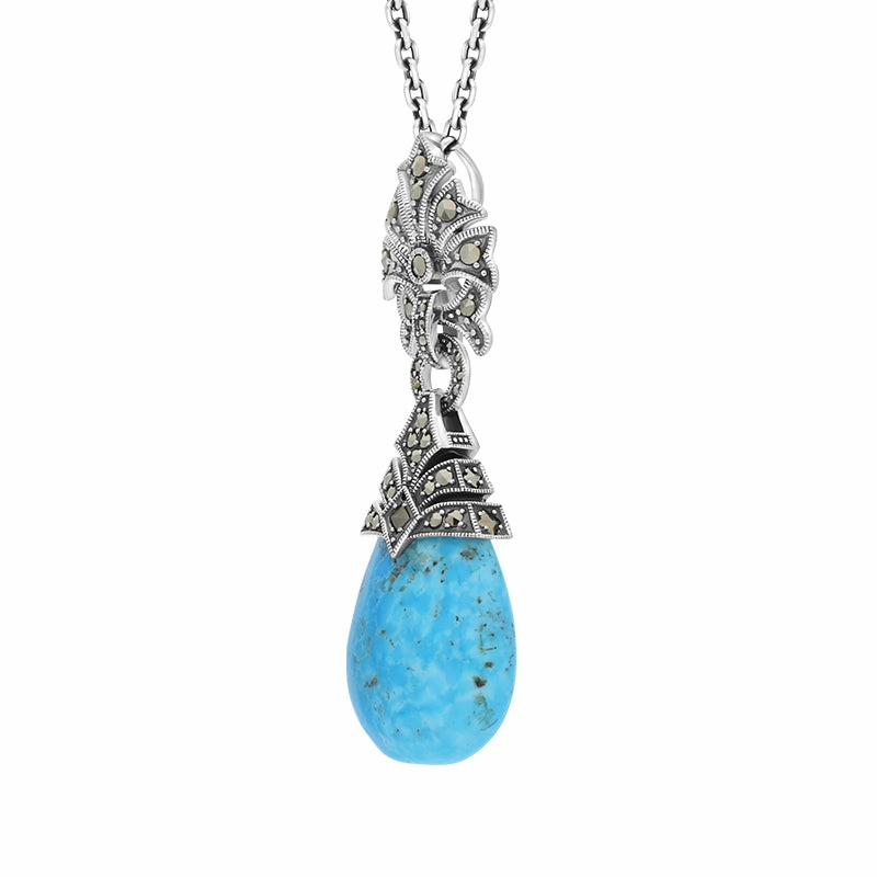 Sterling Silver Turquoise Marcasite Ornate Bail Pendant Necklace