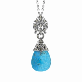 Sterling Silver Turquoise Marcasite Ornate Bail Pendant Necklace