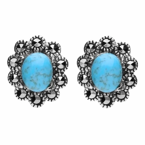 Sterling Silver Turquoise Marcasite Oval Beaded Edge Stud Earrings