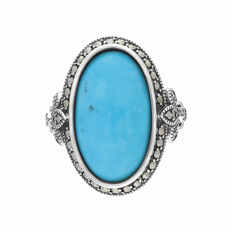 Sterling Silver Turquoise Marcasite Oval Fleur De Lis Ring