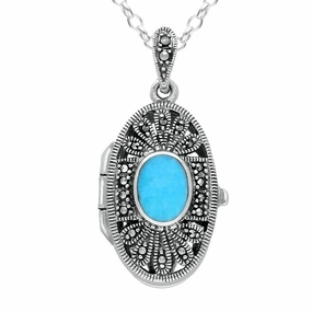 Sterling Silver Turquoise Marcasite Oval Floral Locket